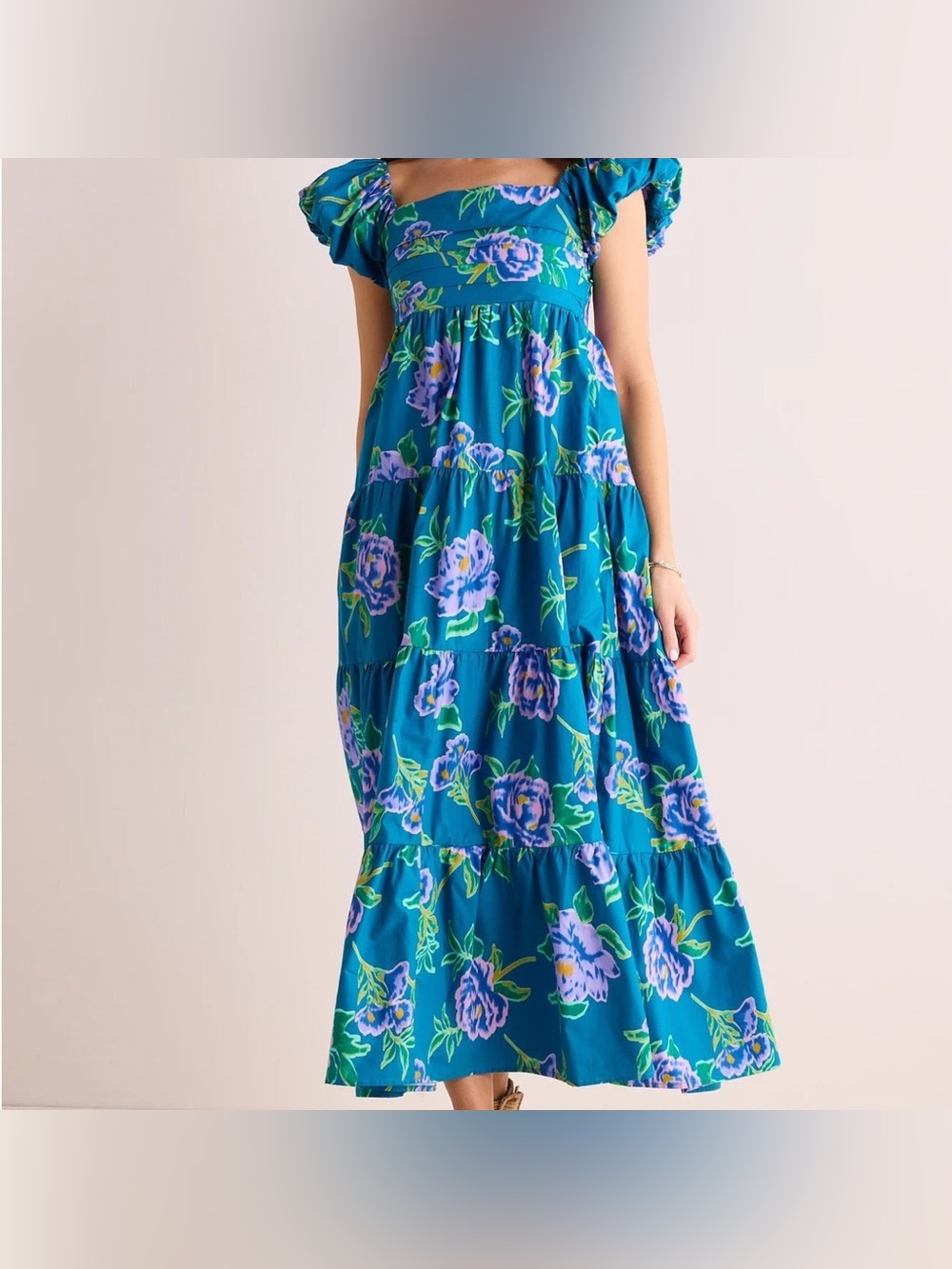 Peach Love Teal Tiered Maxi Dress with Puff Sleeves in Purple Floral, Small - Picture 2 of 11